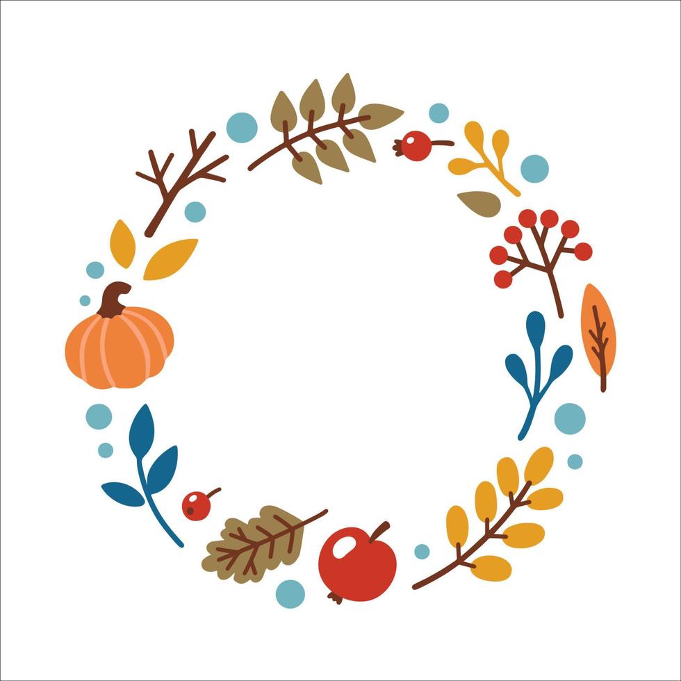 Autumn decorative round frame, template with autumn elements - leaves, pumpkin, apple, berries. Vector illustration in Doodle style.