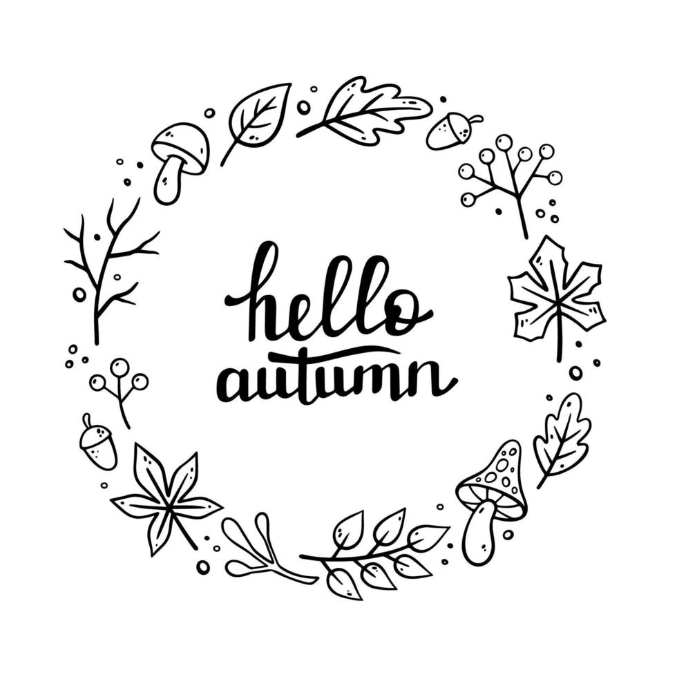 HELLO AUTUMN handwritten lettering. Autumn decorative frame, template with Autumn elements - mushrooms, oak leaves, maple leaves, acorns, dry twigs. Vector illustration in Doodle style.