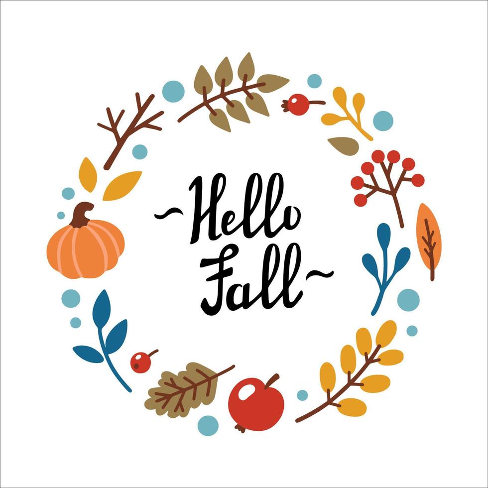 PHELLO FALL handwritten lettering. Autumn decorative frame, template with leaves, pumpkin, apple, berries. Vector illustration in Doodle style.