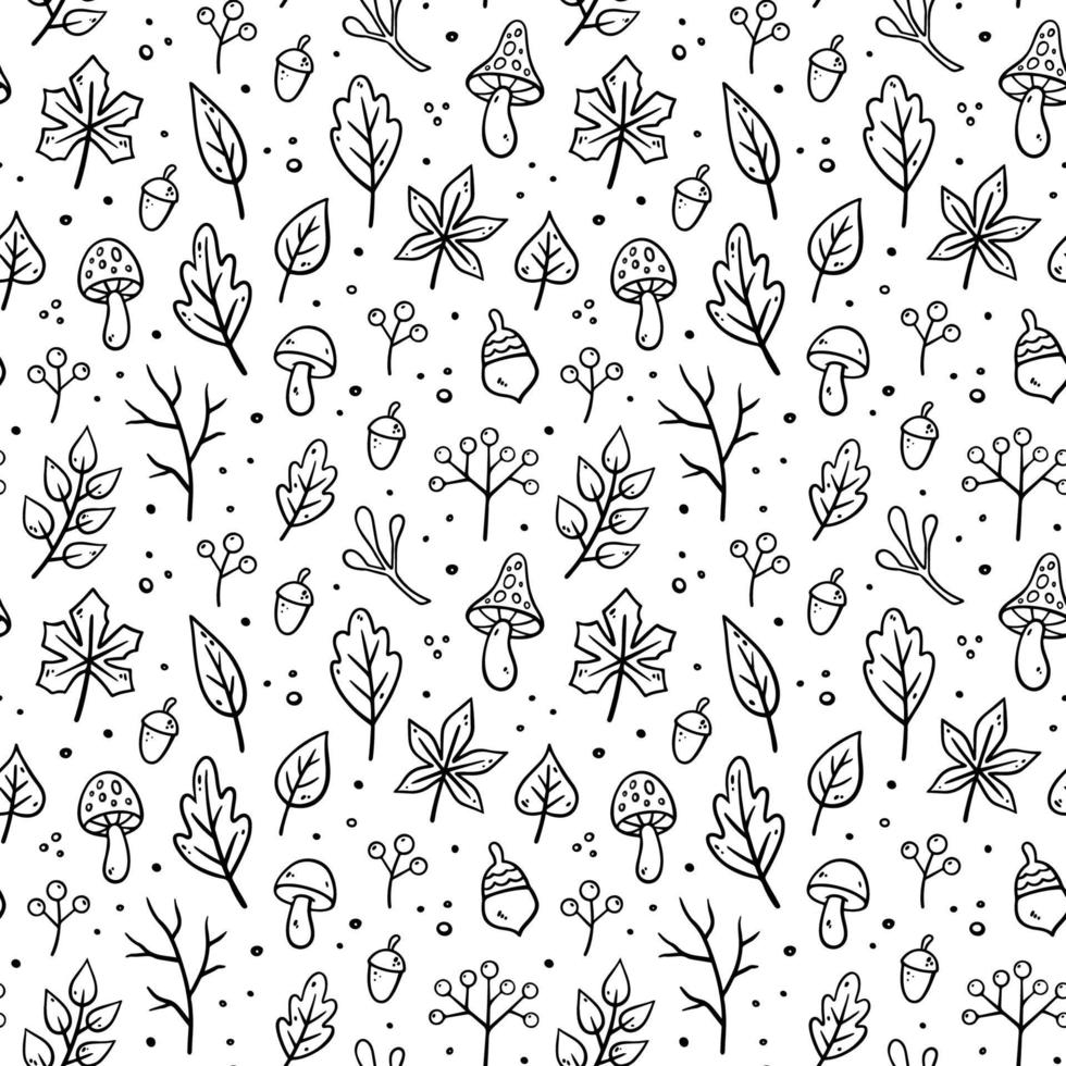 Autumn seamless pattern. Vector floral illustration in doodle style. Fall pattern with Autumn elements - mushrooms, oak leaves, Maple leaves, autumn leaves, acorns, dry twigs.