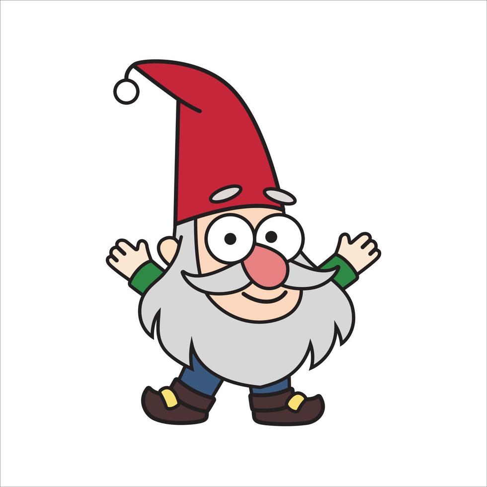 Cheerful little garden gnome, dwarf, oldman is wearing red hat in cartoon style. Colorful vector fairytale kids illustration, drawing character, mascot, sticker