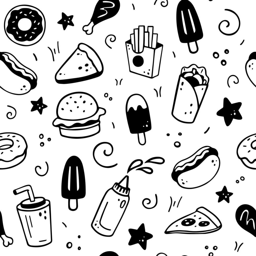 Hand drawn seamless pattern with fast food elements, burger, pizza, hot dog, ice cream, donut, snack. Comic doodle sketch style. Vector illustration