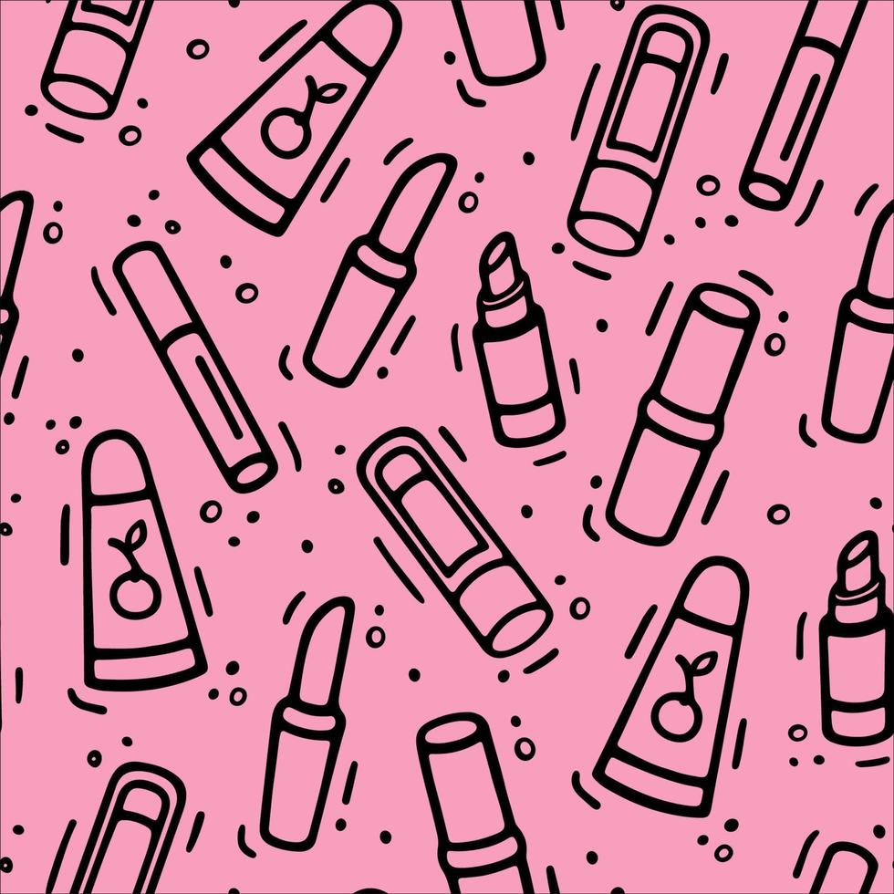 Cosmetics collection seamless pattern in pink color. Lipsticks set in doodle style. Woman stuff, eco girls accessory concept. Vector hand drawn flat illustration on pink background.