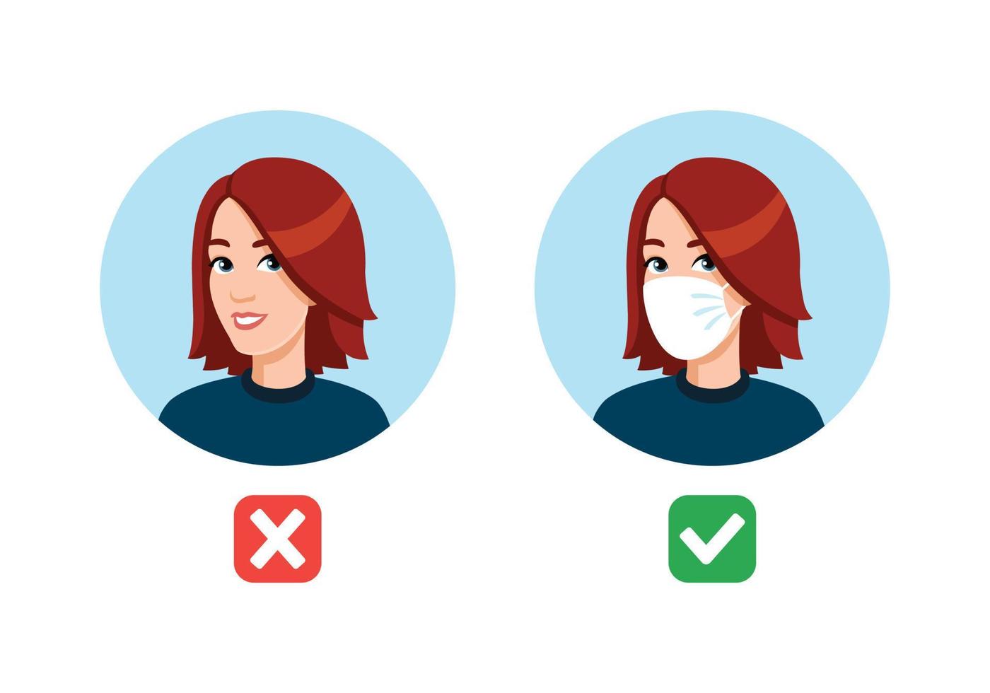 Woman with and without medical mask. Mask required. No entry without wearing medical mask. Flat style vector illustration