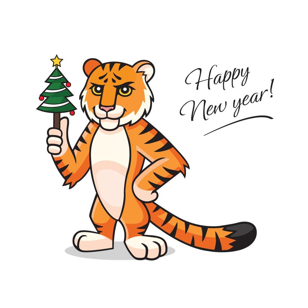 tigre de dibujos animados de tvector. personaje, mascota, símbolo, signo del año nuevo chino. el tigre está sosteniendo en la mano el árbol de navidad. letras de feliz año nuevo. año nuevo lunar, año de la postal del tigre, ilustración vector