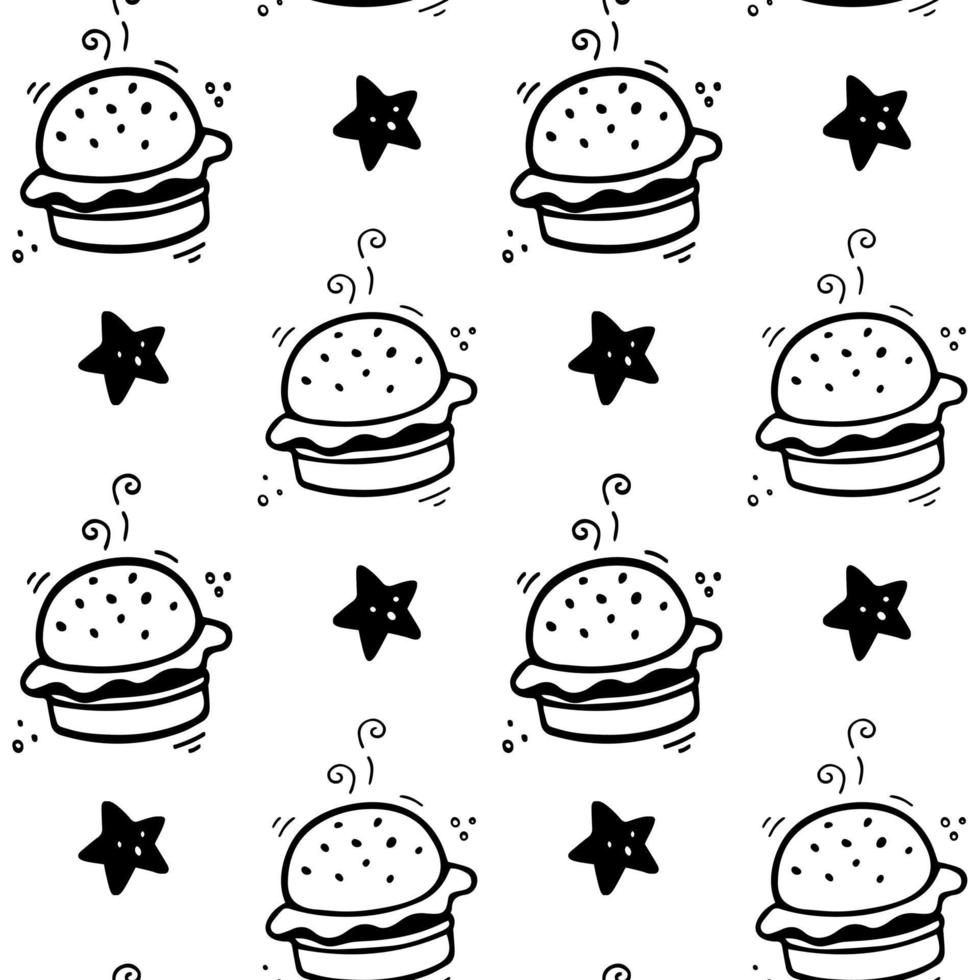 Hand drawn burger seamless pattern. Comic doodle sketch style. Vector Fast food illustration. Sketch of hamburger and star.