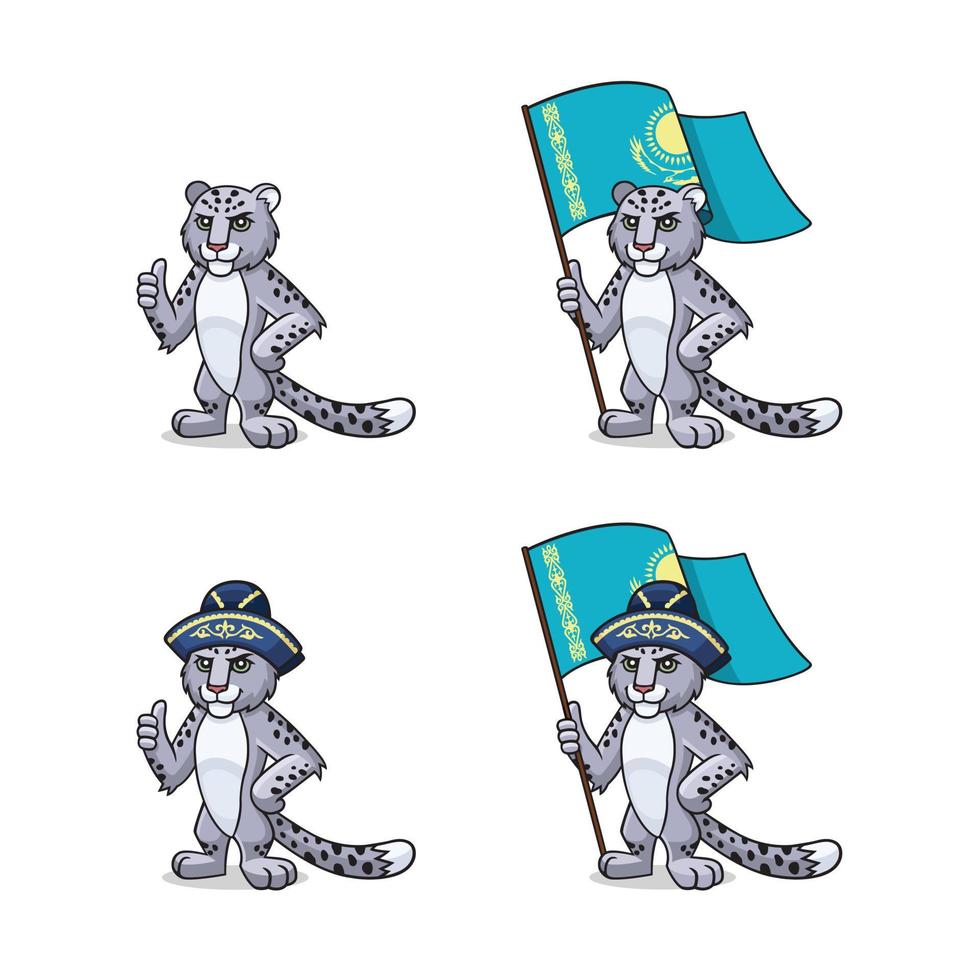 personaje, mascota, símbolo, signo de kazajstán. leopardo de las nieves: irbis tiene un sombrero tradicional oriental, kazajo y con la bandera de kazajstán. conjunto de leopardos de las nieves vector