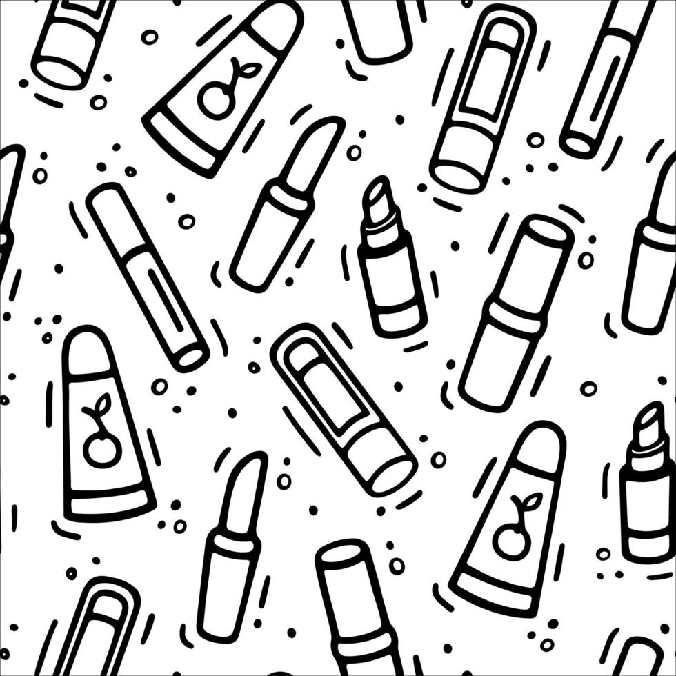 Cosmetics collection seamless pattern. Lipsticks set in doodle style. Woman stuff, eco girls accessory concept. Vector hand drawn flat illustration isolated on white.