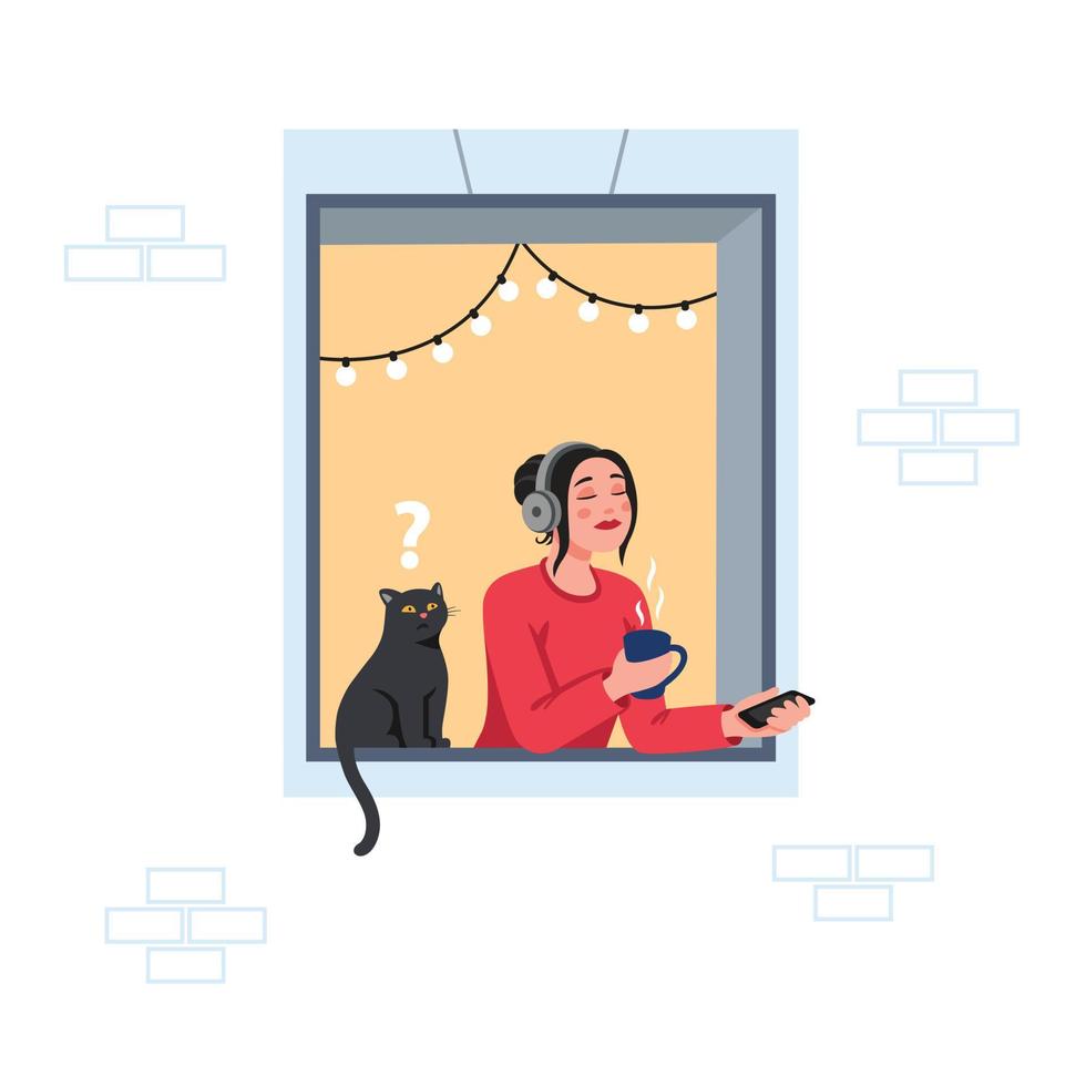 A girl with cup of coffee in the window listens to music, podcast. Vector illustration about podcast. Flat cartoon style