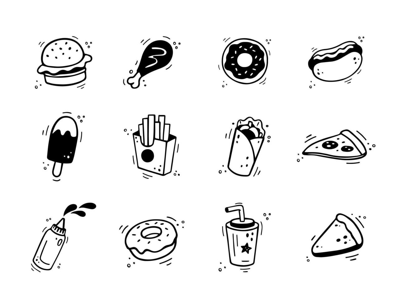 iconos de comida rápida dibujados a mano. boceto de elementos de aperitivo. ilustración de comida rápida en estilo garabato. recogida de comida rápida. vector