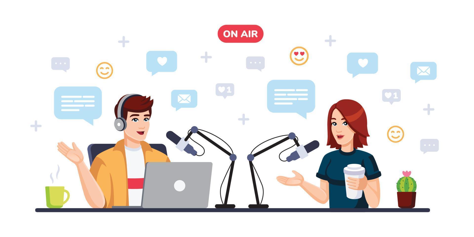 Podcast concept. Podcasters man and woman talking to microphones recording podcast in studio. Vector flat style illustration.