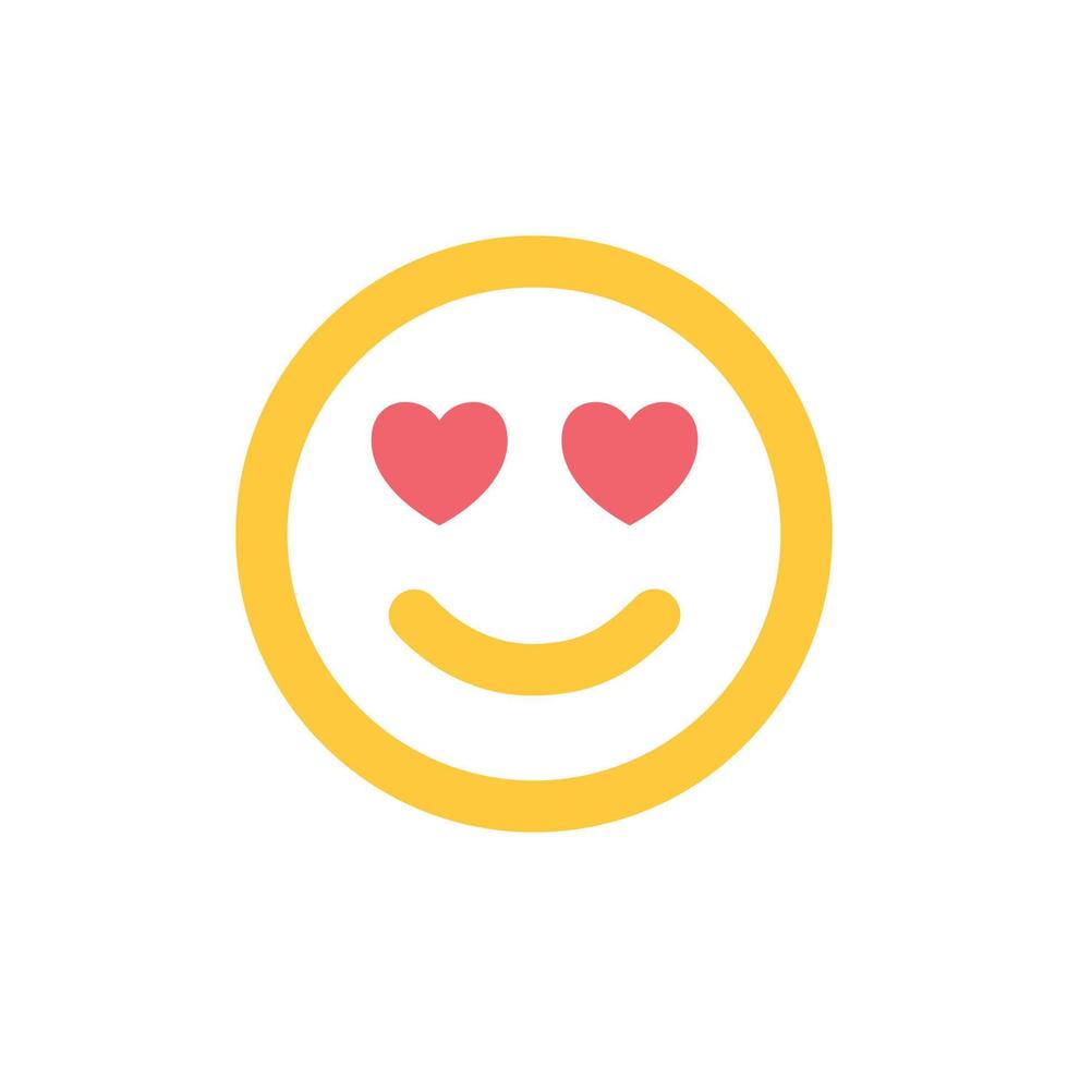 Smile icon, happy face in love, smiling emoji, yellow sticker with heart eyes. Vector flat illustration. Love icon.