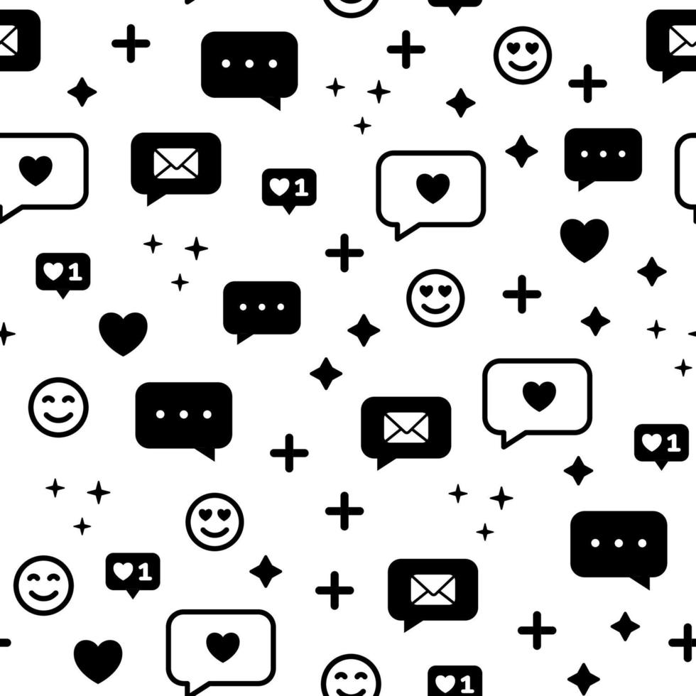patrón impecable con emoji, sonrisas, mensajes, elementos de redes sociales. concepto de chat. textura de tela, diseño textil en estilo plano sobre fondo blanco. vector