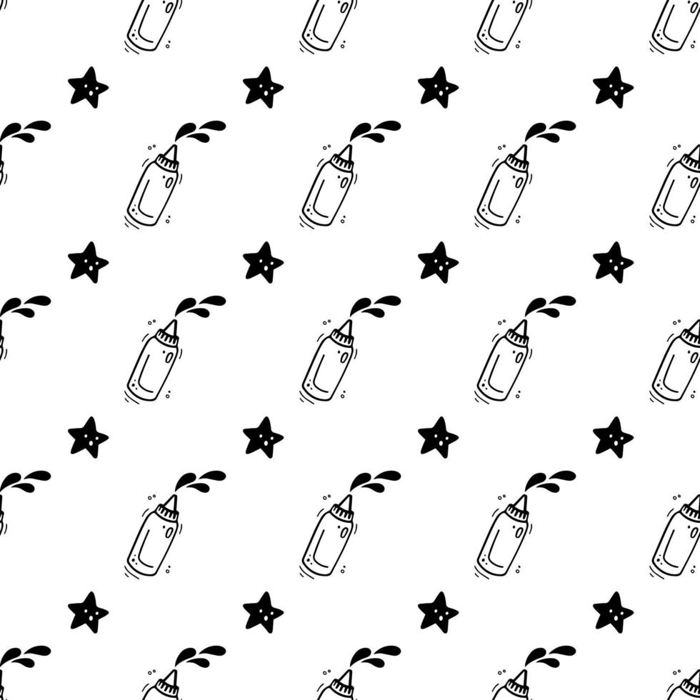 Hand drawn sauce bottle, bottle of milk seamless pattern. Comic doodle sketch style. Vector Fast food illustration. Sketch of sauce bottle and star.