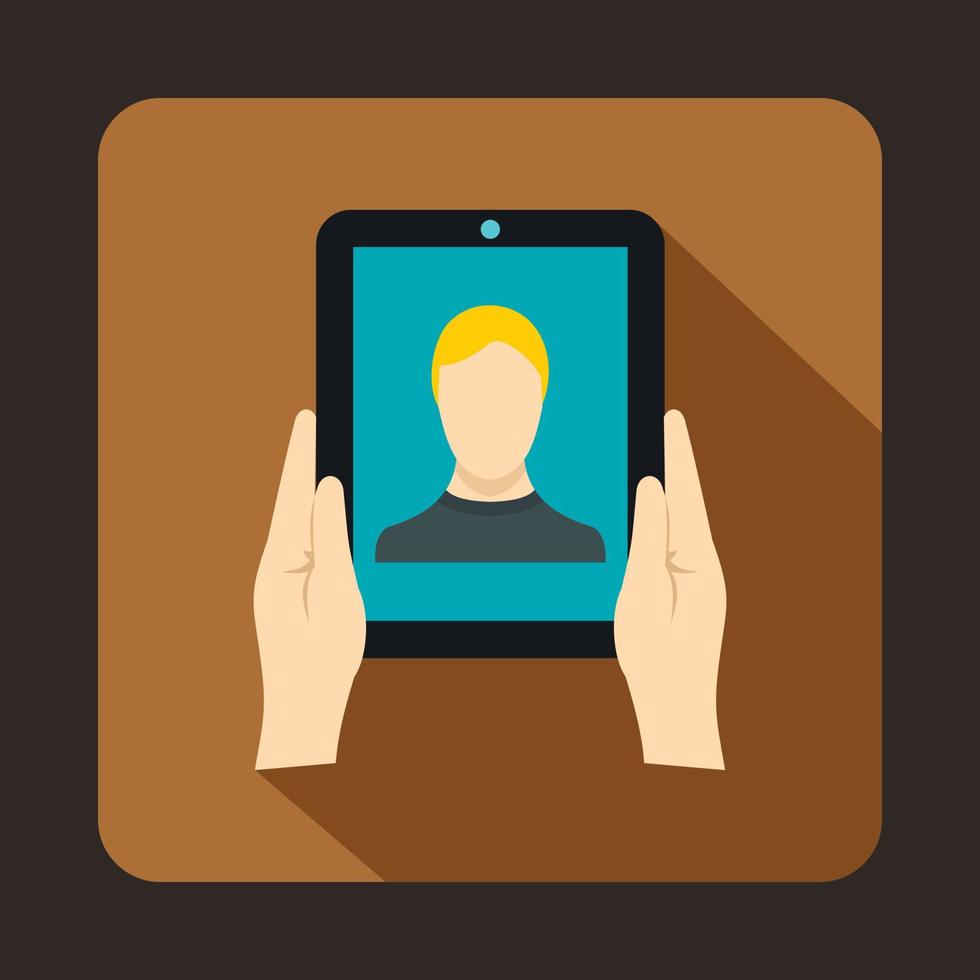 Hands holding a tablet with photo icon, flat style vector