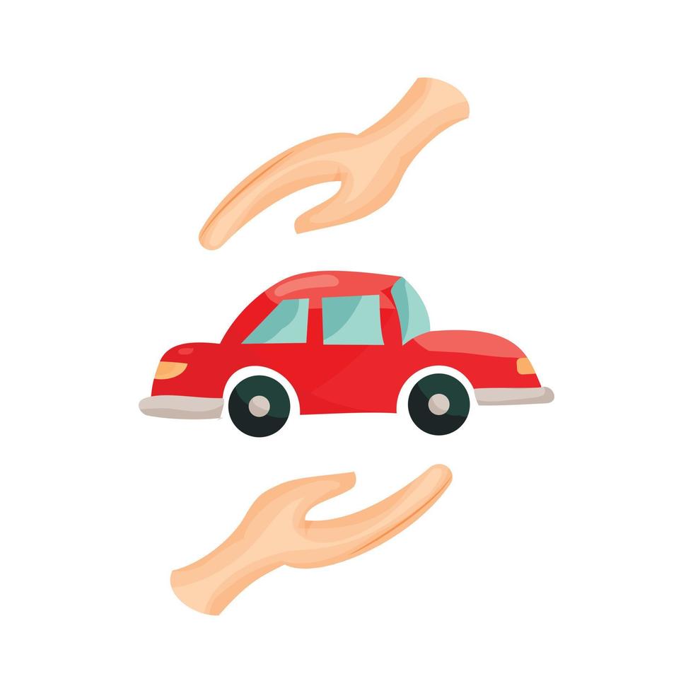 Car protected by hands icon, cartoon style vector