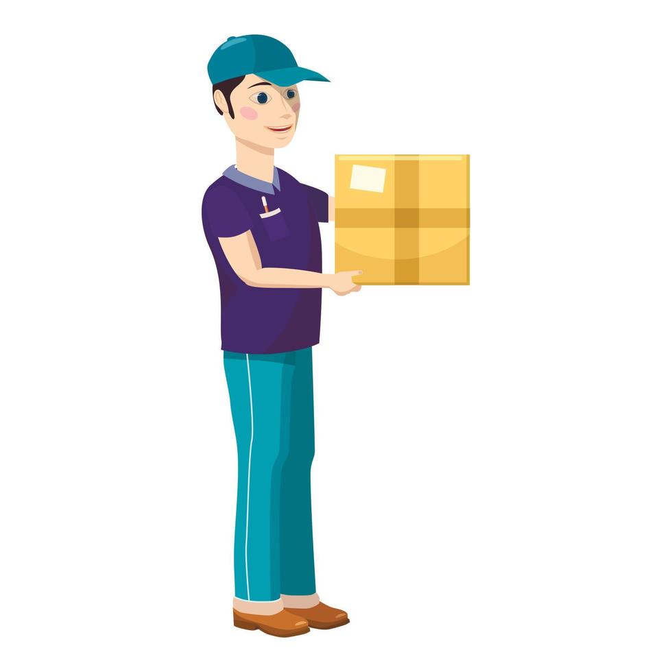 Delivery man holding and carrying a cardbox icon vector