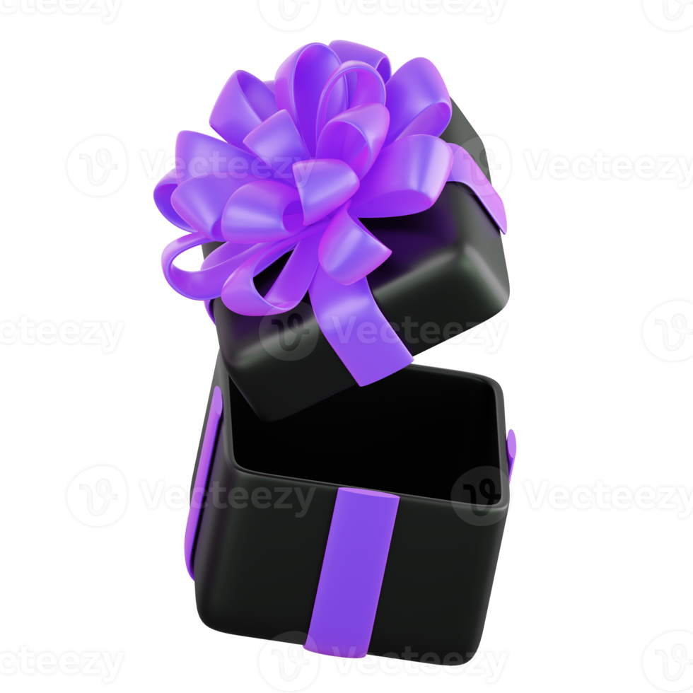 Realistic black gift box with violet or purple ribbon bow. Concept of abstract holiday, birthday, Christmas or Black Friday present or surprise. 3d high quality isolated render png