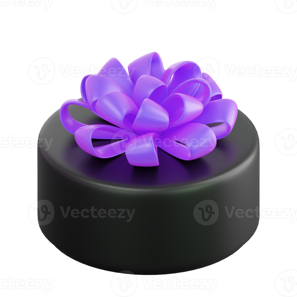 Realistic black gift box with violet or purple ribbon bow. Concept of abstract holiday, birthday, Christmas or Black Friday present or surprise. 3d high quality isolated render png