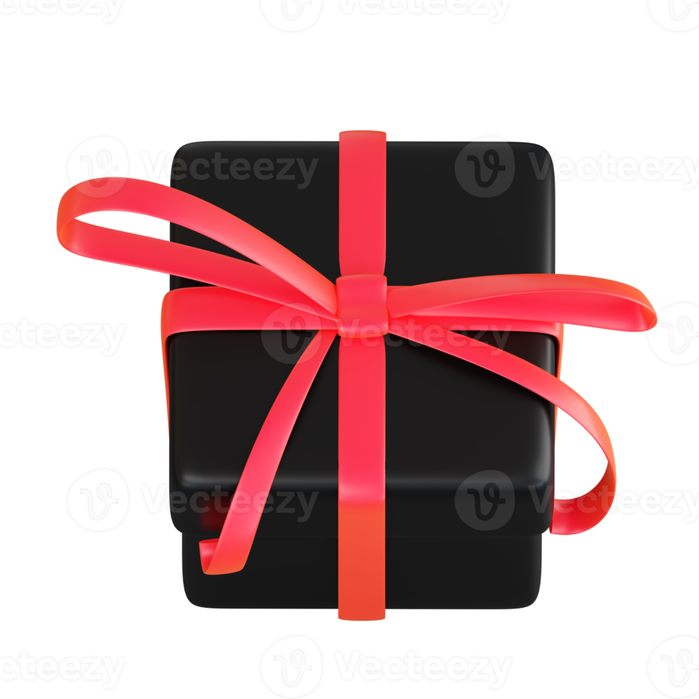 Realistic black gift box with red ribbon bow. Concept of abstract holiday, birthday, Christmas or Black Friday present or surprise. 3d high quality isolated render png