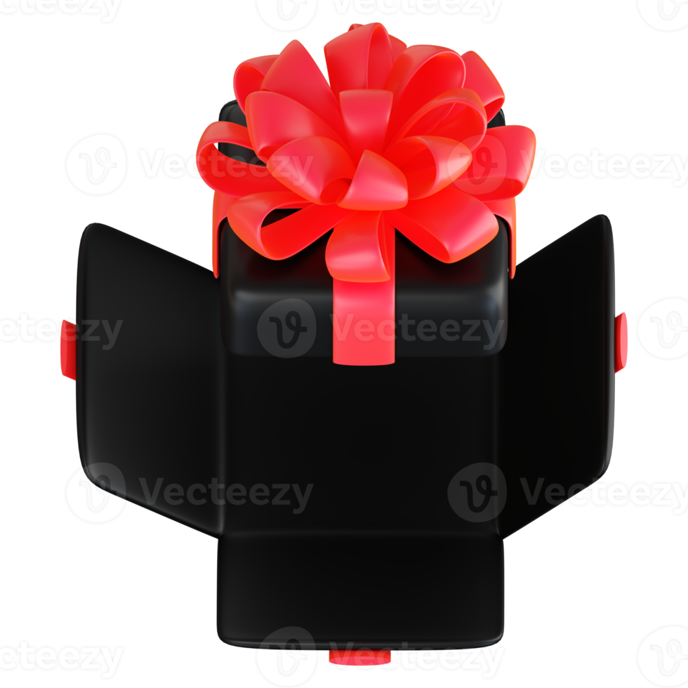 Realistic black gift box with red ribbon bow. Concept of abstract holiday, birthday, Christmas or Black Friday present or surprise. 3d high quality isolated render png