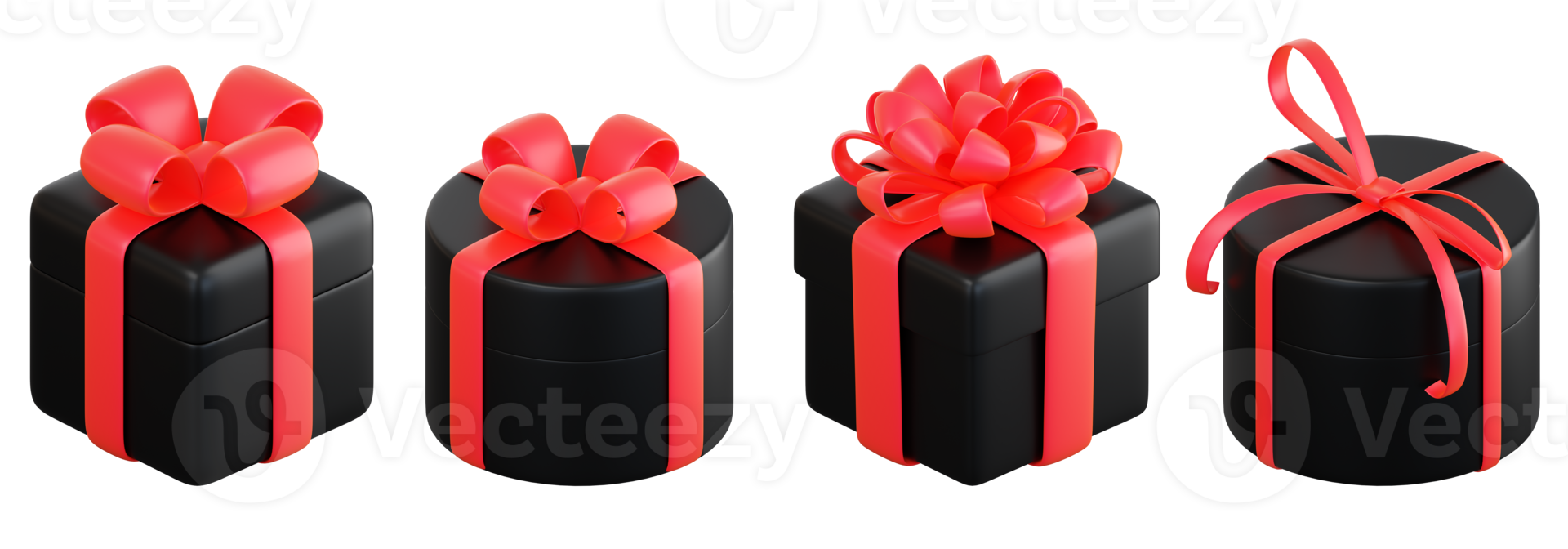 Realistic black gift box set with red ribbon bow. Concept of abstract holiday, birthday, Christmas or Black Friday present or surprise. 3d high quality isolated render png