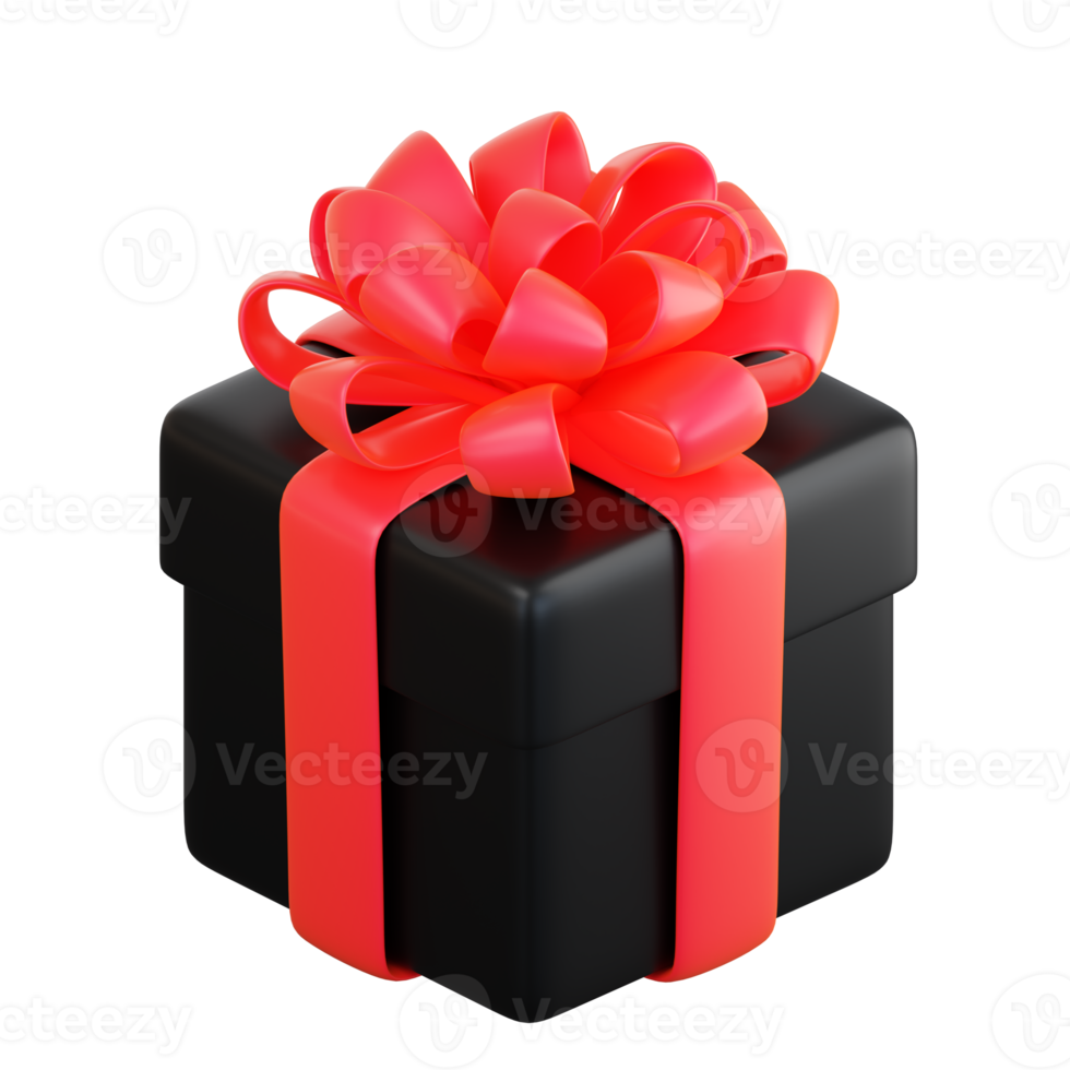 Realistic black gift box with red ribbon bow. Concept of abstract holiday, birthday, Christmas or Black Friday present or surprise. 3d high quality isolated render png