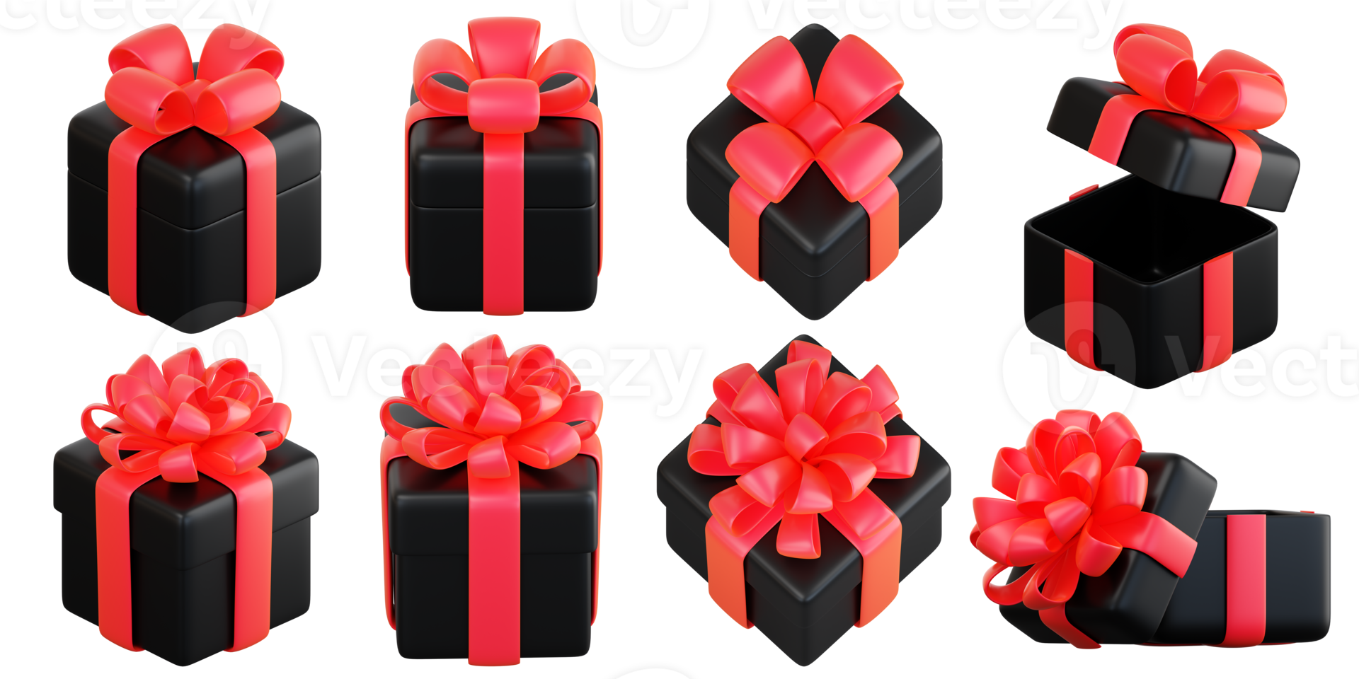 Realistic black gift box set with red ribbon bow. Concept of abstract holiday, birthday, Christmas or Black Friday present or surprise. 3d high quality isolated render png