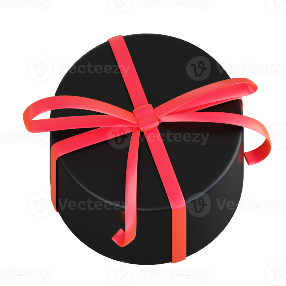 Realistic black gift box with red ribbon bow. Concept of abstract holiday, birthday, Christmas or Black Friday present or surprise. 3d high quality isolated render png