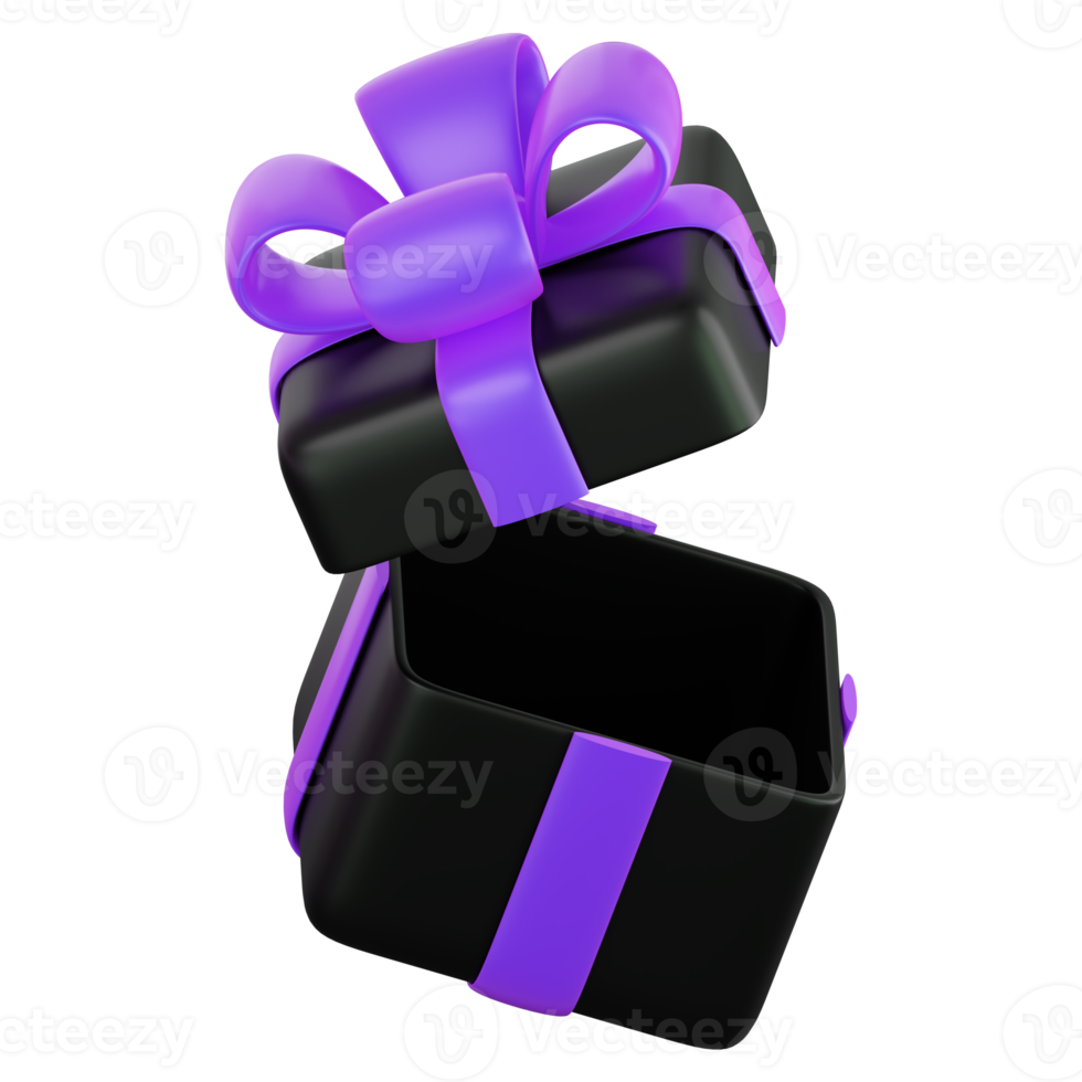 Realistic black gift box with violet or purple ribbon bow. Concept of abstract holiday, birthday, Christmas or Black Friday present or surprise. 3d high quality isolated render png