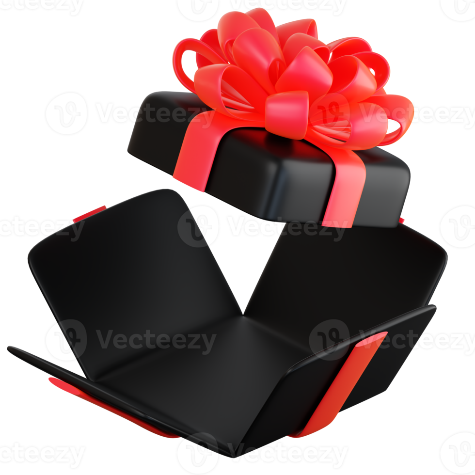 Realistic black gift box with red ribbon bow. Concept of abstract holiday, birthday, Christmas or Black Friday present or surprise. 3d high quality isolated render png