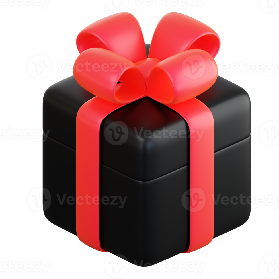 Realistic black gift box with red ribbon bow. Concept of abstract holiday, birthday, Christmas or Black Friday present or surprise. 3d high quality isolated render png