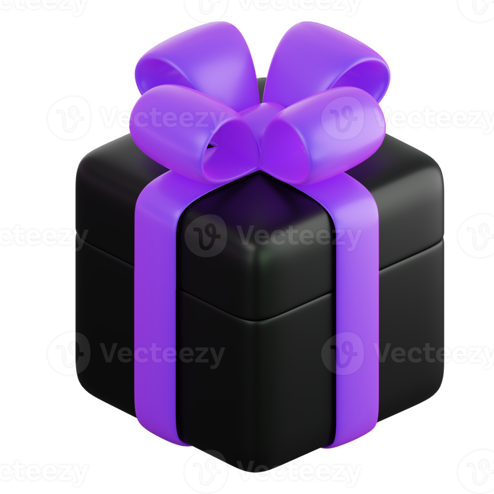 Realistic black gift box with violet or purple ribbon bow. Concept of abstract holiday, birthday, Christmas or Black Friday present or surprise. 3d high quality isolated render png