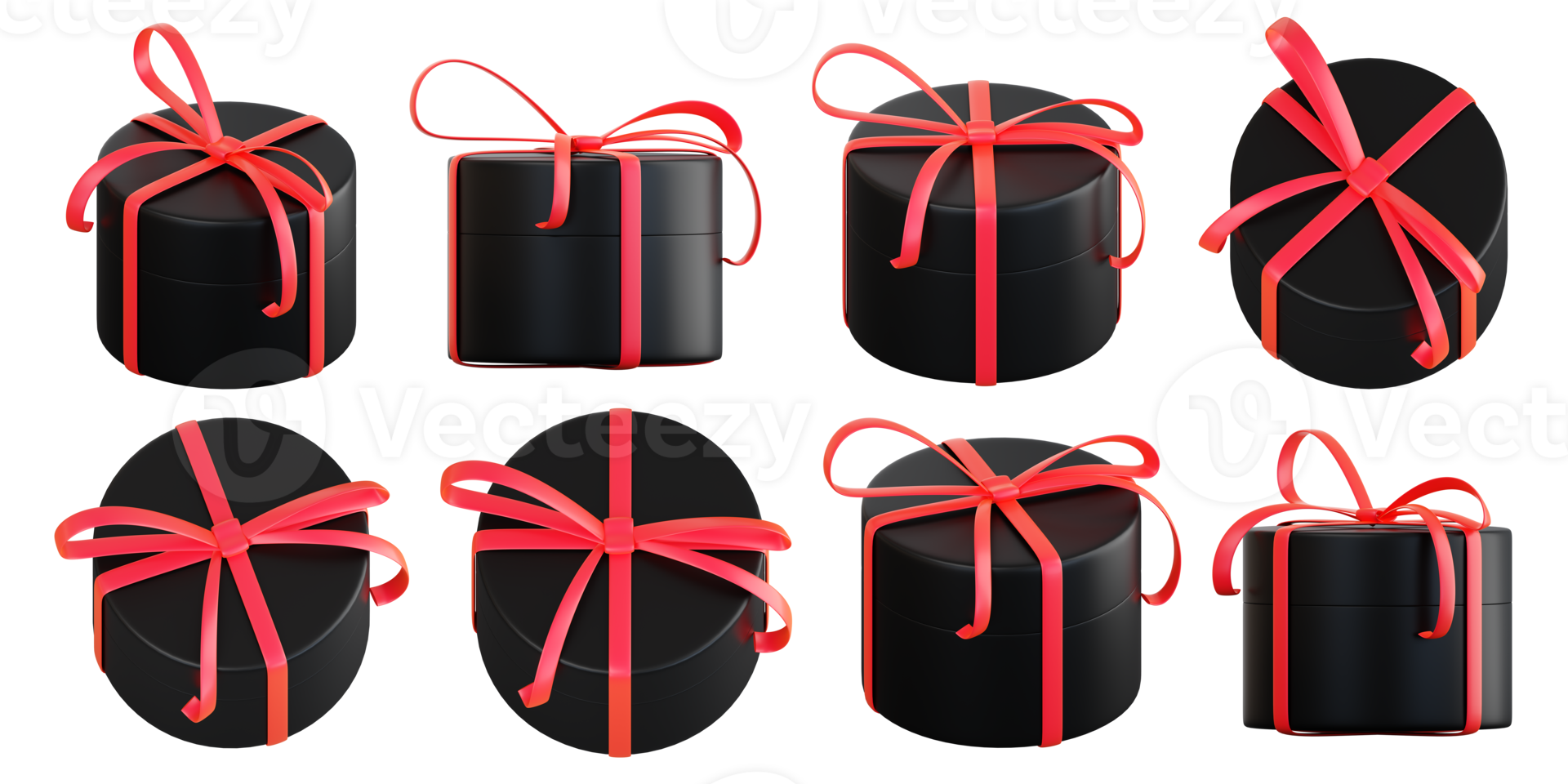 Realistic black gift box set with red ribbon bow. Concept of abstract holiday, birthday, Christmas or Black Friday present or surprise. 3d high quality isolated render png