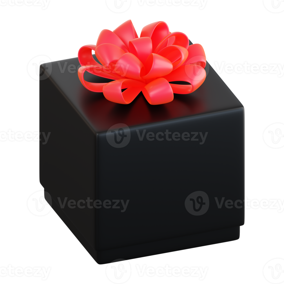 Realistic black gift box with red ribbon bow. Concept of abstract holiday, birthday, Christmas or Black Friday present or surprise. 3d high quality isolated render png