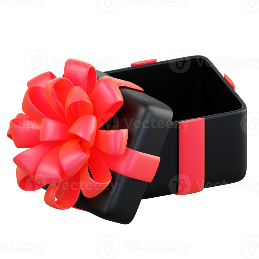 Realistic black gift box with red ribbon bow. Concept of abstract holiday, birthday, Christmas or Black Friday present or surprise. 3d high quality isolated render png