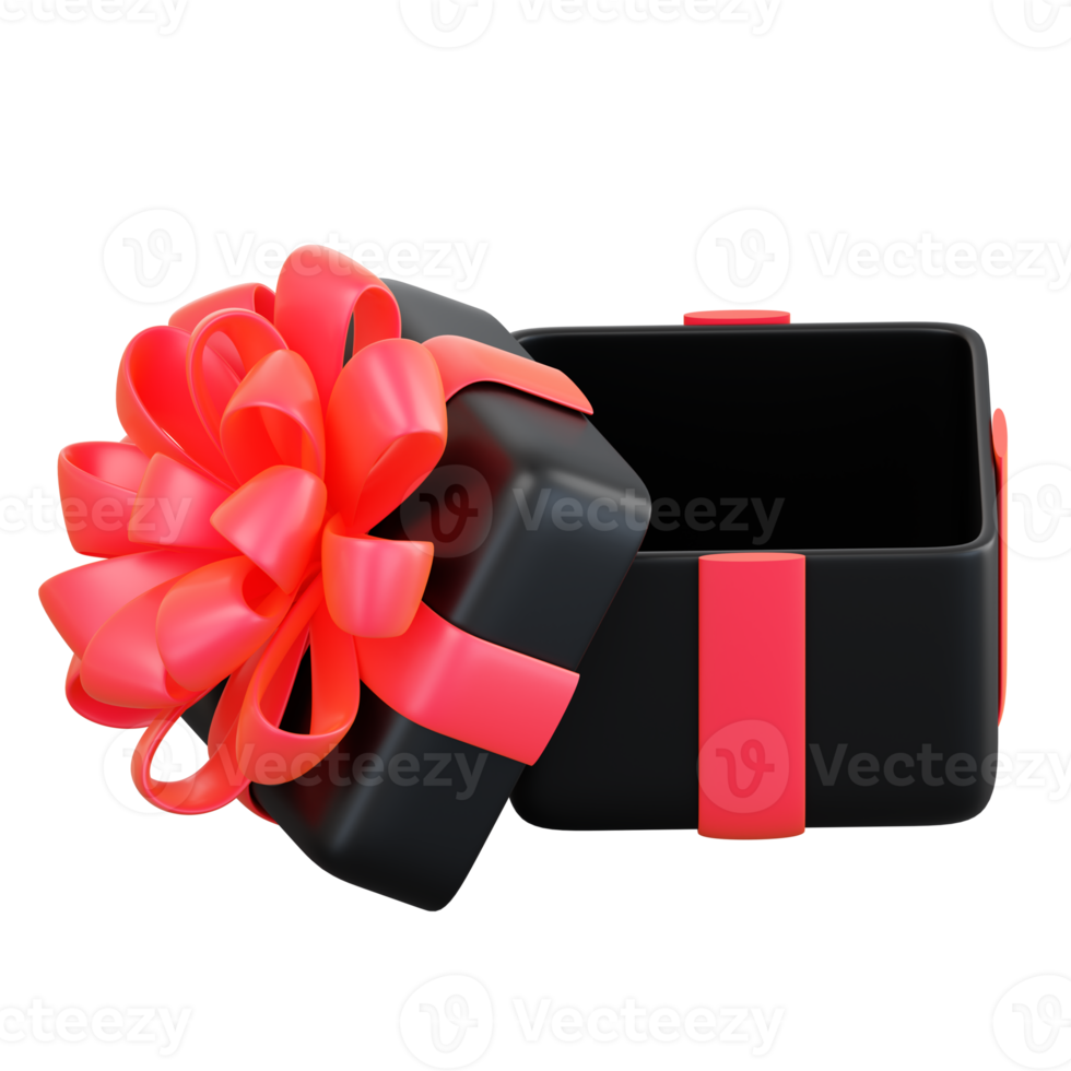 Realistic black gift box with red ribbon bow. Concept of abstract holiday, birthday, Christmas or Black Friday present or surprise. 3d high quality isolated render png