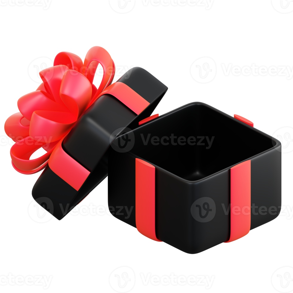 Realistic black gift box with red ribbon bow. Concept of abstract holiday, birthday, Christmas or Black Friday present or surprise. 3d high quality isolated render png