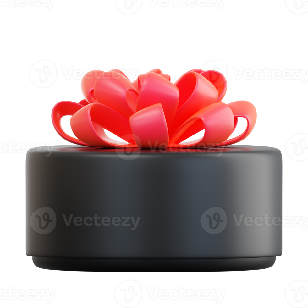Realistic black gift box with red ribbon bow. Concept of abstract holiday, birthday, Christmas or Black Friday present or surprise. 3d high quality isolated render png