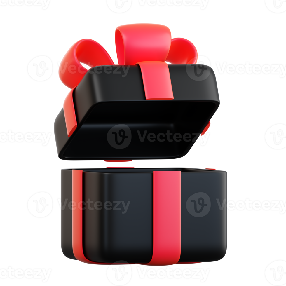 Realistic black gift box with red ribbon bow. Concept of abstract holiday, birthday, Christmas or Black Friday present or surprise. 3d high quality isolated render png