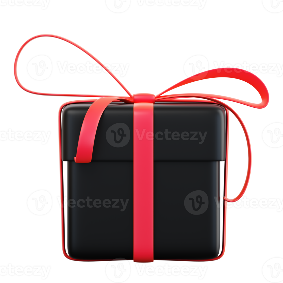 Realistic black gift box with red ribbon bow. Concept of abstract holiday, birthday, Christmas or Black Friday present or surprise. 3d high quality isolated render png