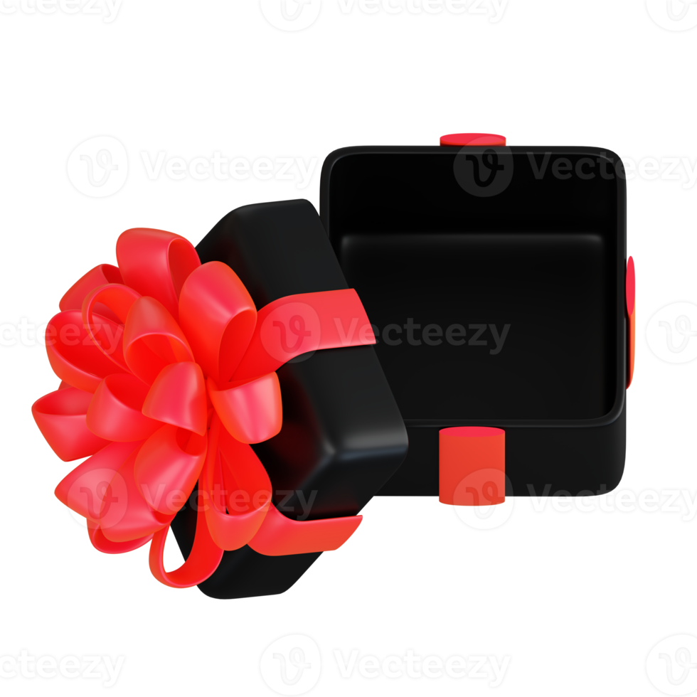 Realistic black gift box with red ribbon bow. Concept of abstract holiday, birthday, Christmas or Black Friday present or surprise. 3d high quality isolated render png