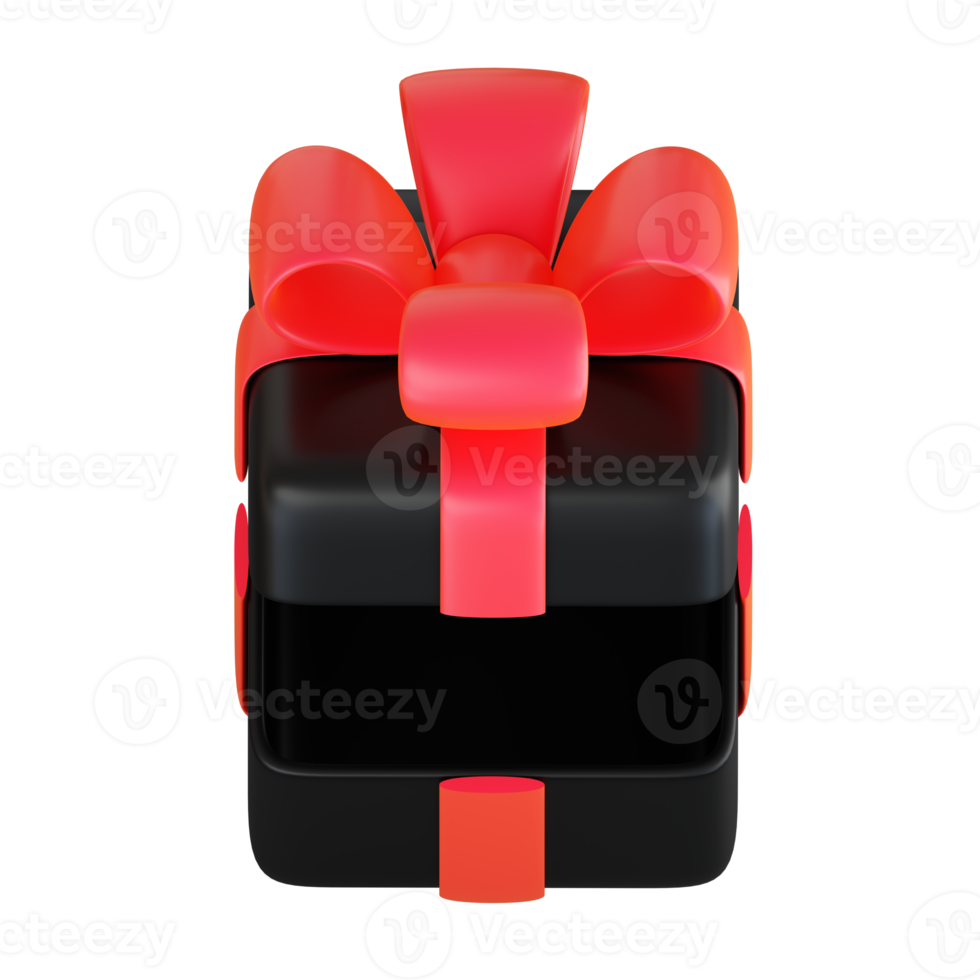 Realistic black gift box with red ribbon bow. Concept of abstract holiday, birthday, Christmas or Black Friday present or surprise. 3d high quality isolated render png