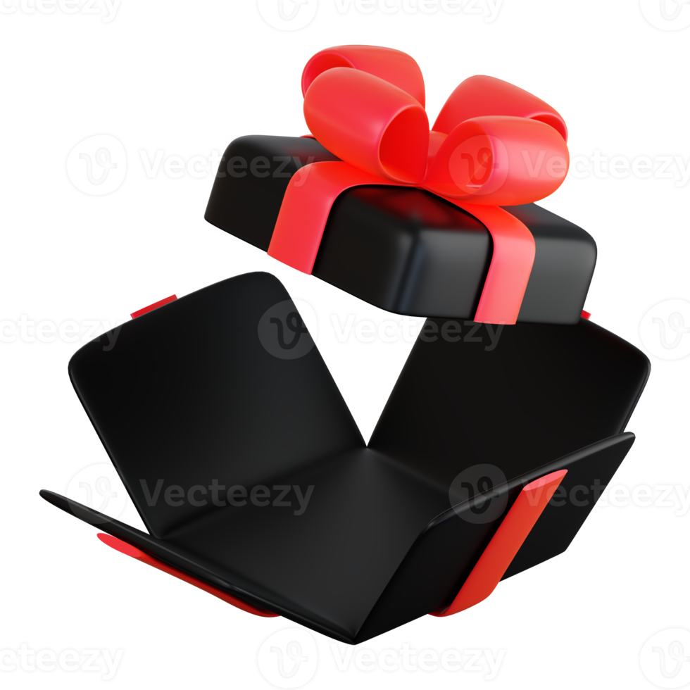 Realistic black gift box with red ribbon bow. Concept of abstract holiday, birthday, Christmas or Black Friday present or surprise. 3d high quality isolated render png