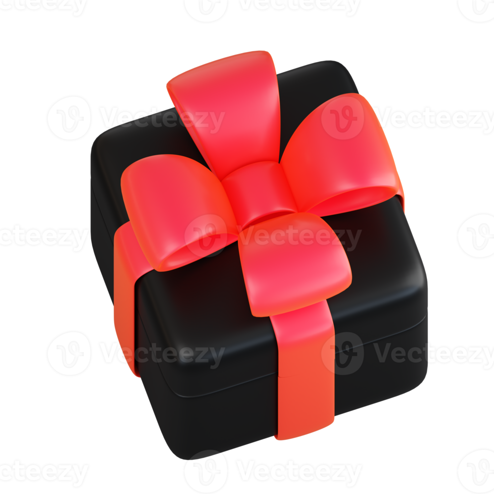 Realistic black gift box with red ribbon bow. Concept of abstract holiday, birthday, Christmas or Black Friday present or surprise. 3d high quality isolated render png