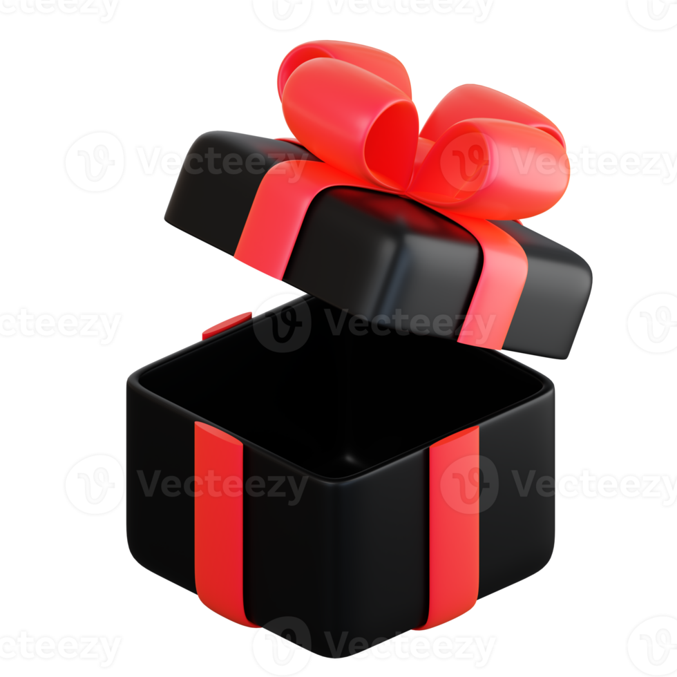 Realistic black gift box with red ribbon bow. Concept of abstract holiday, birthday, Christmas or Black Friday present or surprise. 3d high quality isolated render png