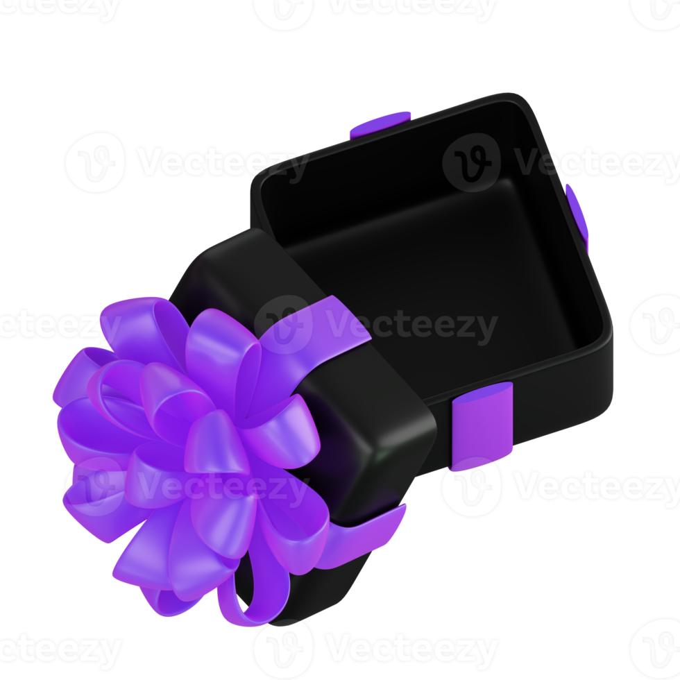 Realistic black gift box with violet or purple ribbon bow. Concept of abstract holiday, birthday, Christmas or Black Friday present or surprise. 3d high quality isolated render png