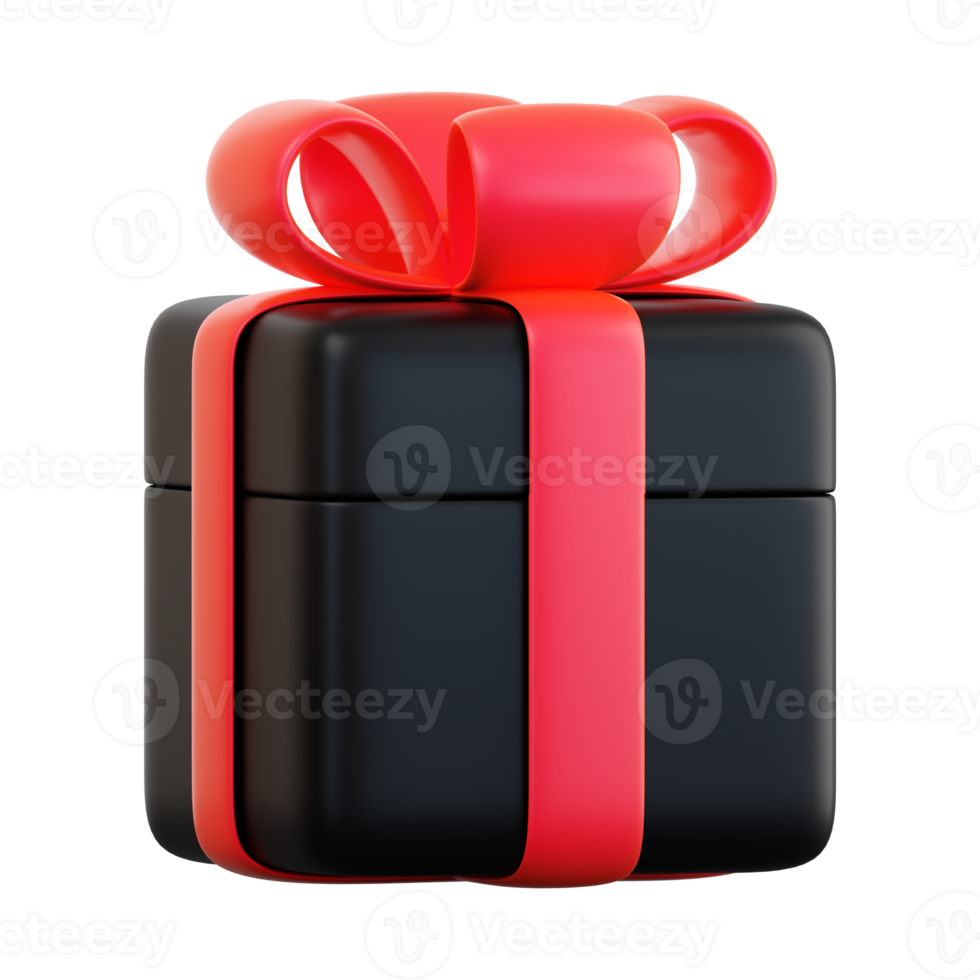 Realistic black gift box with red ribbon bow. Concept of abstract holiday, birthday, Christmas or Black Friday present or surprise. 3d high quality isolated render png