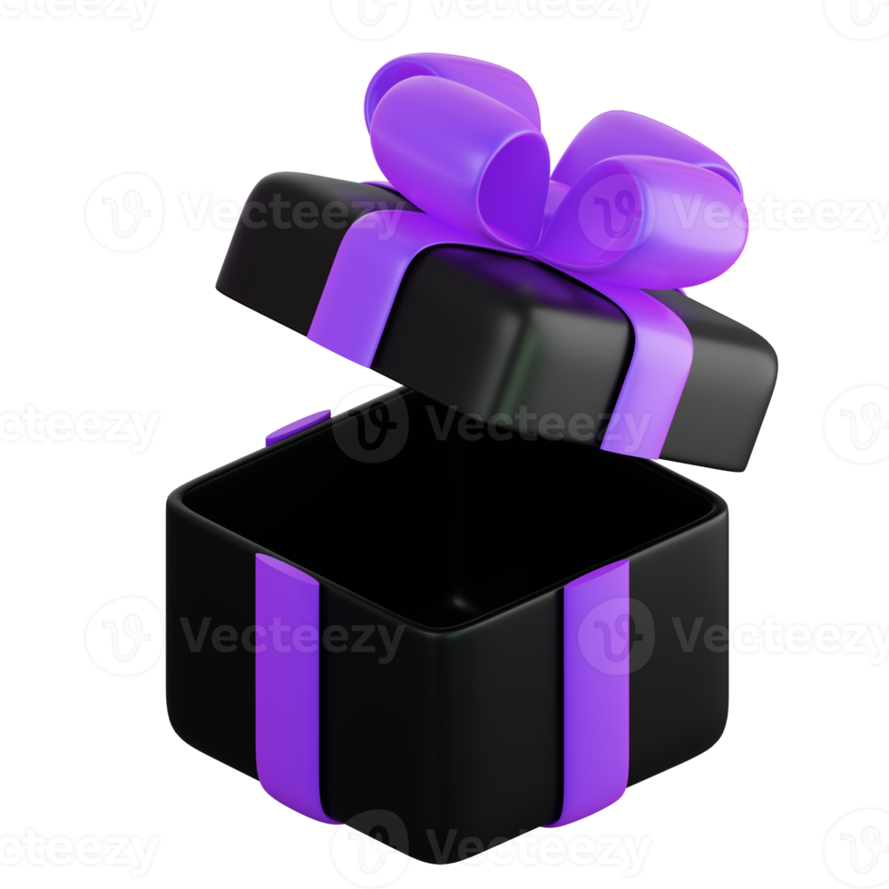 Realistic black gift box with violet or purple ribbon bow. Concept of abstract holiday, birthday, Christmas or Black Friday present or surprise. 3d high quality isolated render png