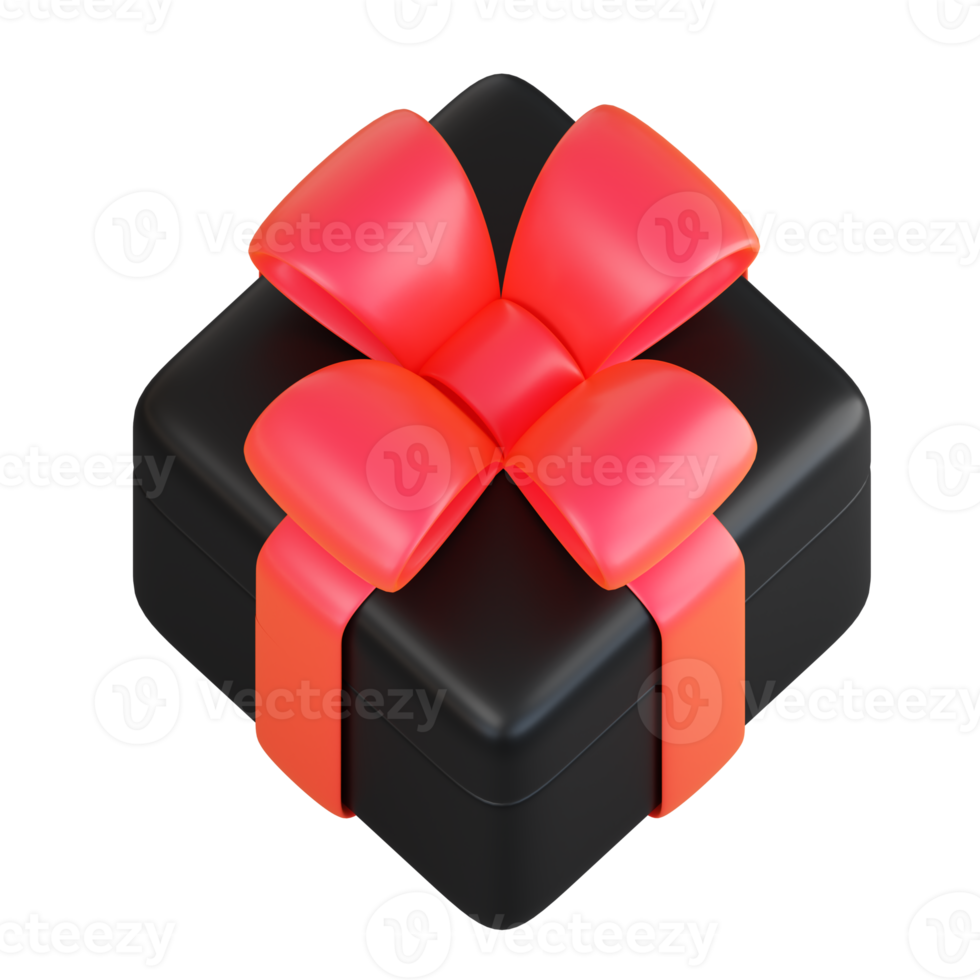 Realistic black gift box with red ribbon bow. Concept of abstract holiday, birthday, Christmas or Black Friday present or surprise. 3d high quality isolated render png